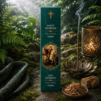Étui d'Encens Religieux Saint Georges de couleur vert sapin marbré, illustré du saint terrassant le dragon à cheval, posé à côté d'une coupelle de brindilles et d'un morceau de cèdre.