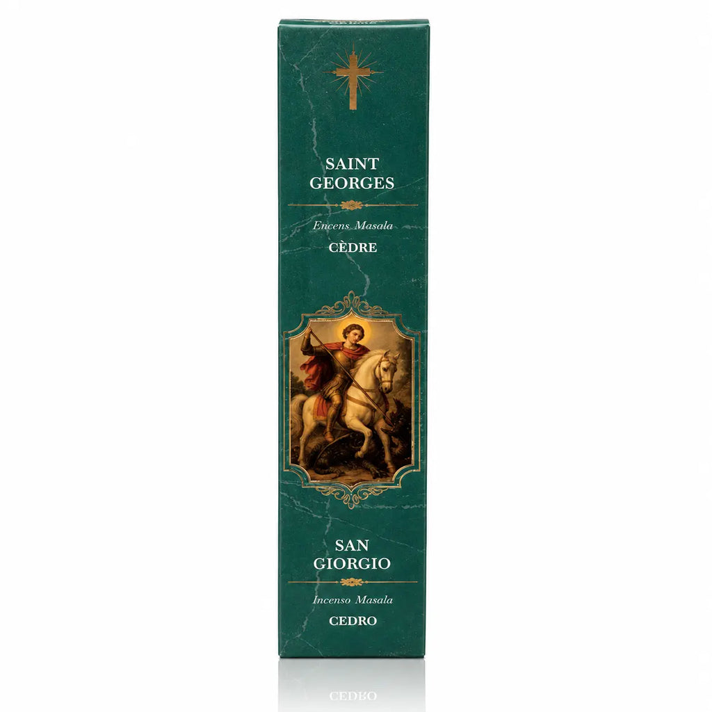 Encens religieux Saint Georges présenté dans un étui cartonné rectangulaire vert émeraude marbré, illustré du Saint terrassant le dragon sur un cheval blanc sous une croix dorée avec des inscriptions blanches.