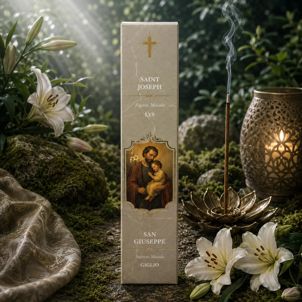 Étui d'Encens Religieux Saint Joseph de couleur beige crème marbré, illustré du saint tenant l'Enfant Jésus et une tige de lys, entouré de grandes fleurs de lys blanc.