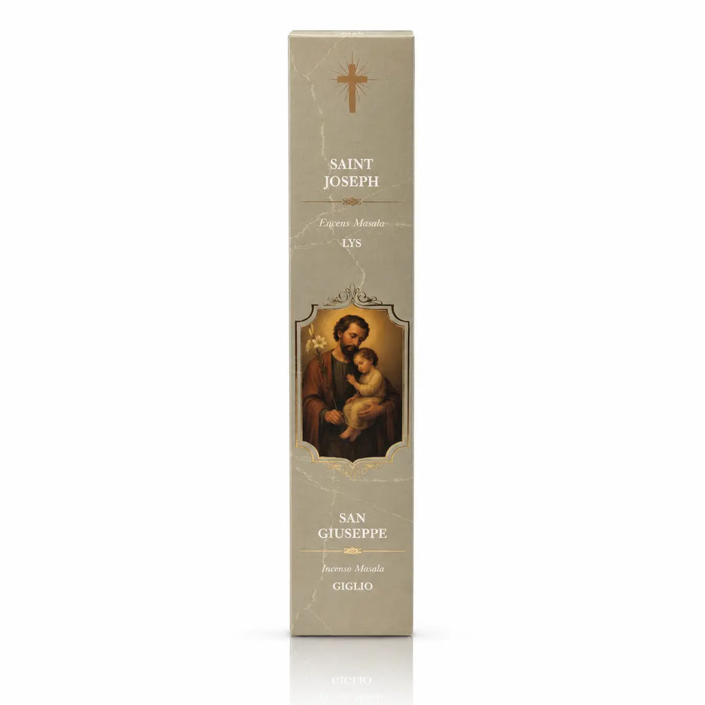Encens religieux Saint Joseph présenté dans un étui cartonné rectangulaire gris clair marbré, illustré du Saint portant l’Enfant Jésus sous une croix dorée avec des inscriptions blanches.