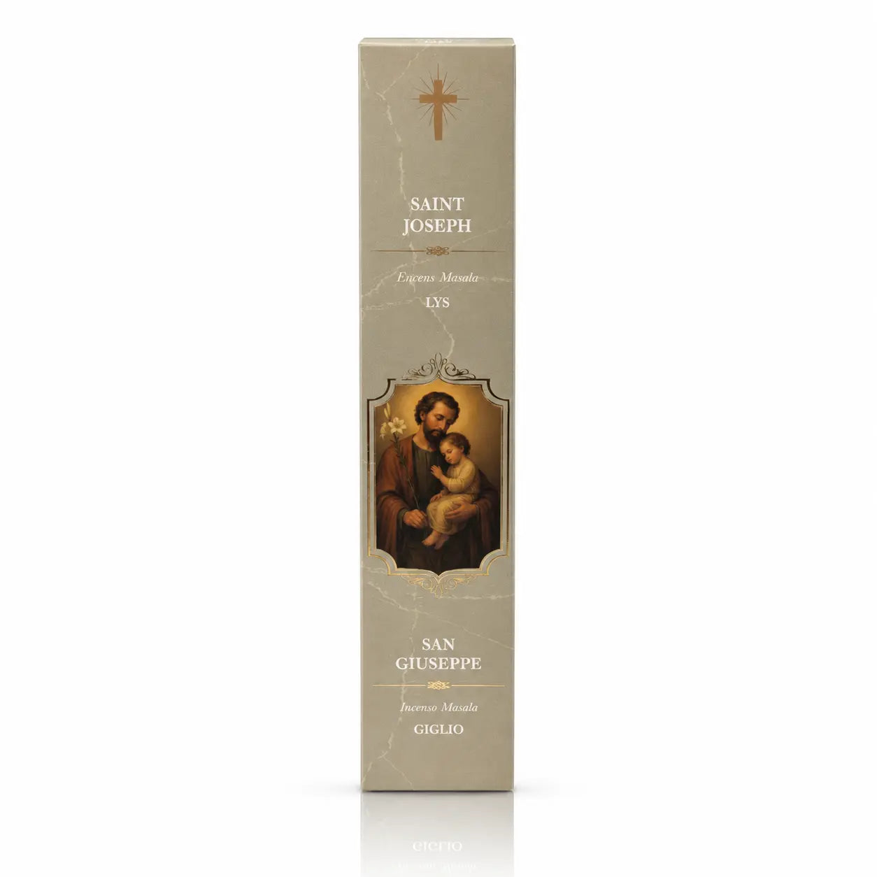 Encens religieux Saint Joseph présenté dans un étui cartonné rectangulaire gris clair marbré, illustré du Saint portant l’Enfant Jésus sous une croix dorée avec des inscriptions blanches.