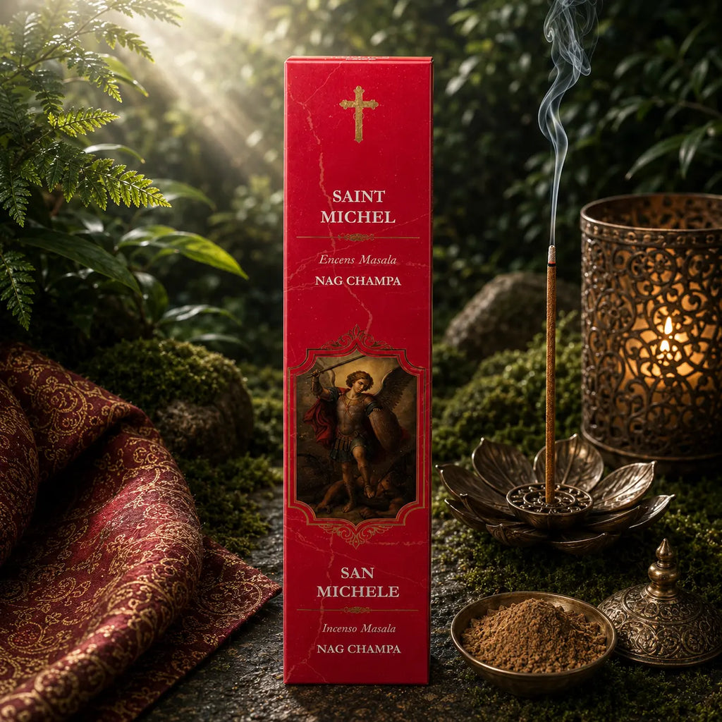 Étui d'Encens Religieux Saint Michel de couleur rouge vif texturé, illustrant l'archange armé d'une épée terrassant le démon, posé près d'une coupelle de poudre aromatique brune.