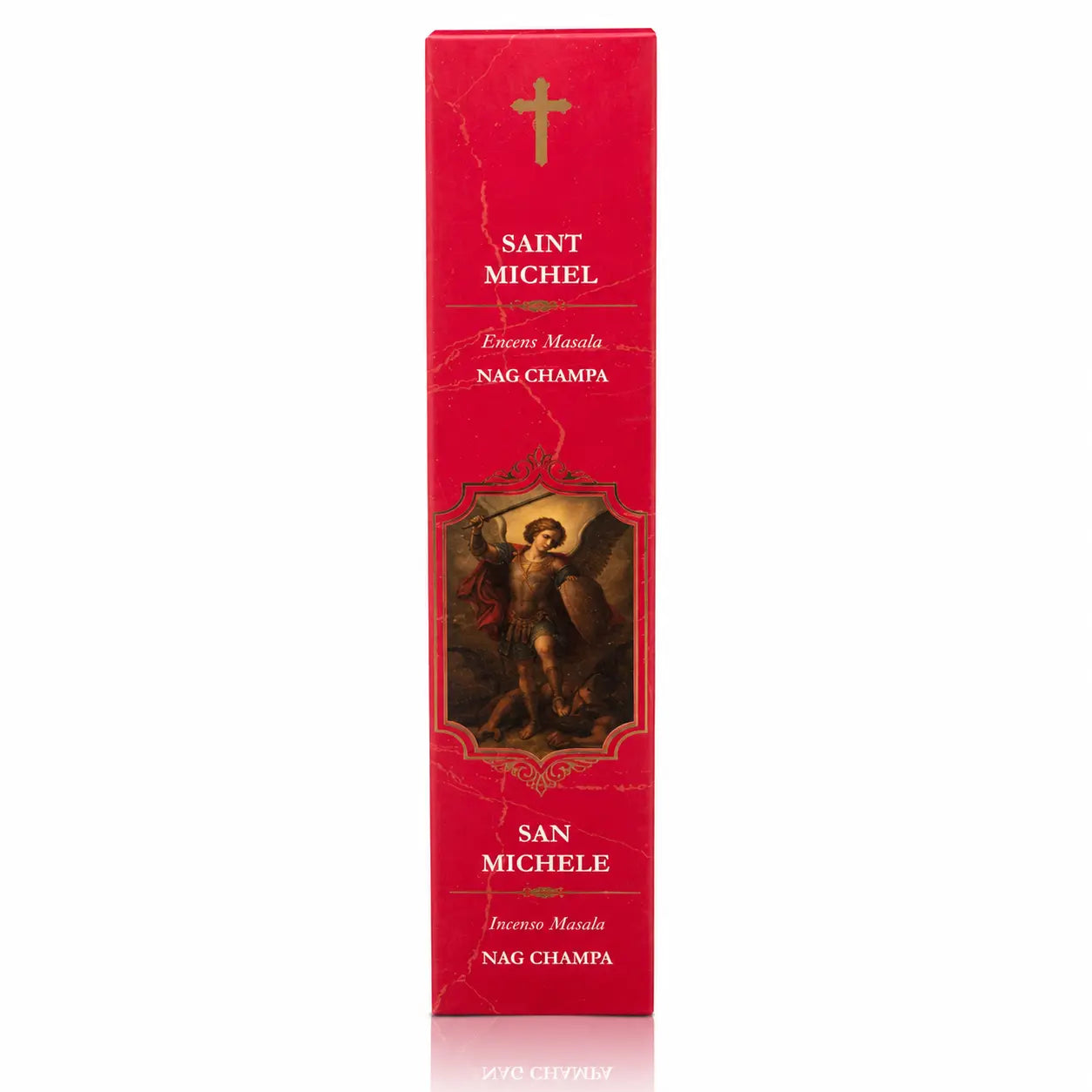 Encens religieux Saint Michel présenté dans un étui cartonné rectangulaire rouge vif, illustré de l'archange armé d'une épée sous une croix dorée avec des inscriptions blanches.