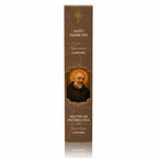 Encens religieux Saint Padre Pio présenté dans une boîte rectangulaire cartonnée marron texturée, illustrée du portrait du Saint, d'une croix dorée et d'inscriptions blanches.