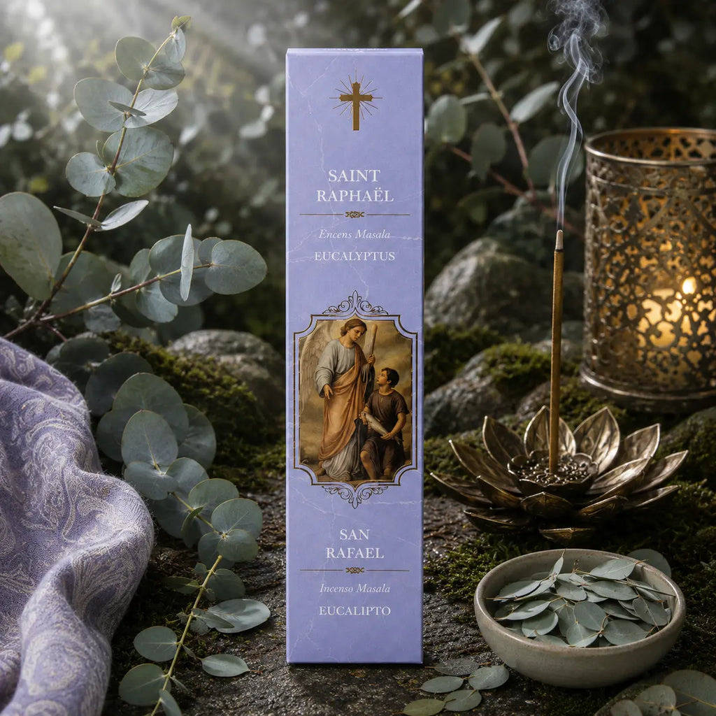 Étui d'Encens Religieux Saint Raphaël de couleur lilas pastel marbré, illustrant l'archange guidant le jeune Tobie, posé près d'un bol de feuilles d'eucalyptus.