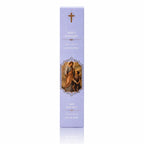 Encens religieux Saint Raphaël présenté dans un étui cartonné rectangulaire mauve clair, illustré de l'archange avec un jeune homme sous une croix dorée avec des inscriptions blanches.