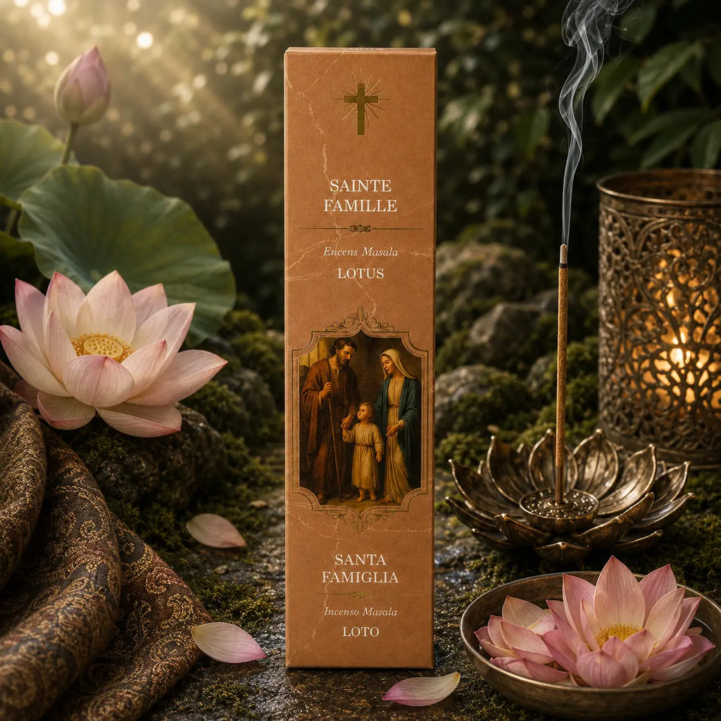 Étui d'Encens Religieux Sainte Famille de couleur ocre marbré, illustrant Jésus enfant marchant main dans la main avec Marie et Joseph, entouré de fleurs de lotus roses.