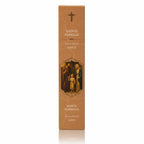 Encens religieux Sainte Famille présenté dans un étui cartonné rectangulaire ocre, illustré de Marie, Joseph et l’Enfant Jésus sous une croix dorée avec des inscriptions blanches.