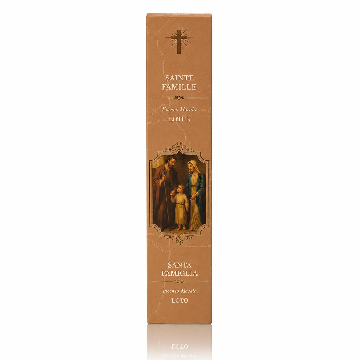 Encens religieux Sainte Famille présenté dans un étui cartonné rectangulaire ocre, illustré de Marie, Joseph et l’Enfant Jésus sous une croix dorée avec des inscriptions blanches.