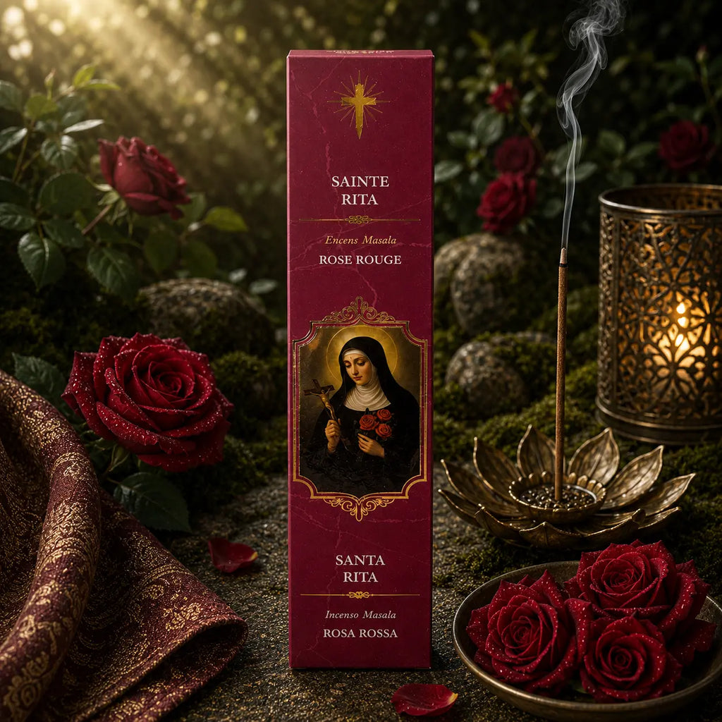 Étui d'Encens Religieux Sainte Rita de couleur lie-de-vin marbré, illustrant la sainte tenant un crucifix et des roses, disposé près d'une coupelle remplie de roses rouges.