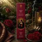Étui d'Encens Religieux Sainte Rita de couleur lie-de-vin marbré, illustrant la sainte tenant un crucifix et des roses, disposé près d'une coupelle remplie de roses rouges.