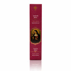 Encens religieux Sainte Rita présenté dans un étui cartonné rectangulaire rouge bordeaux, illustré de la Sainte tenant un crucifix et des roses sous une croix dorée avec des inscriptions blanches.