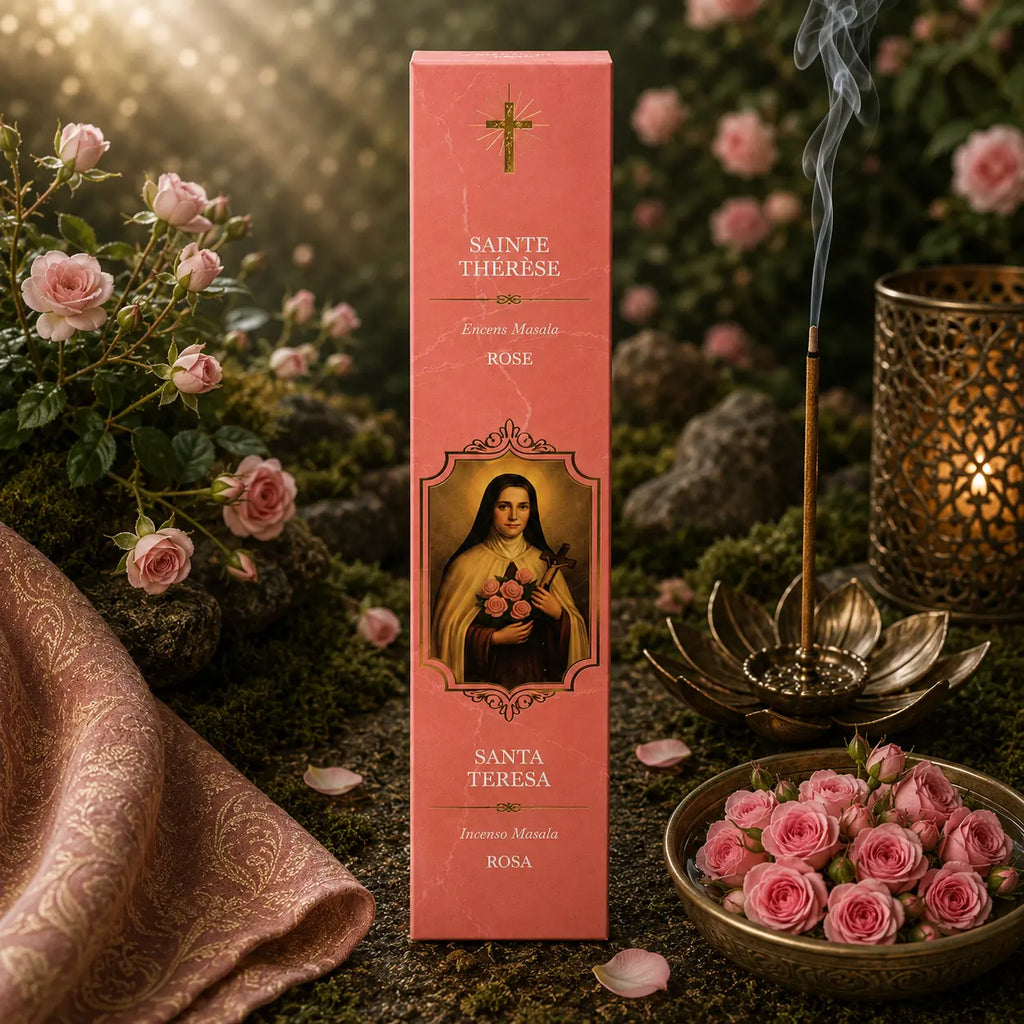 Étui d'Encens Religieux Sainte Thérèse de couleur rose saumon marbré, illustrant la sainte tenant un crucifix et des roses, posé près d'une coupe d'eau remplie de boutons de roses fraîches.