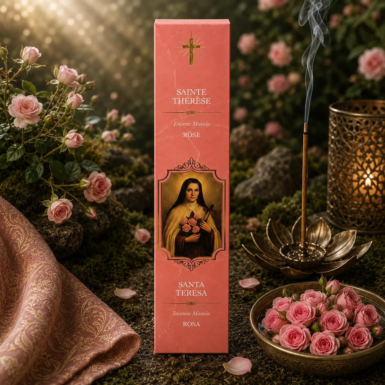 Étui d'Encens Religieux Sainte Thérèse de couleur rose saumon marbré, illustrant la sainte tenant un crucifix et des roses, posé près d'une coupe d'eau remplie de boutons de roses fraîches.