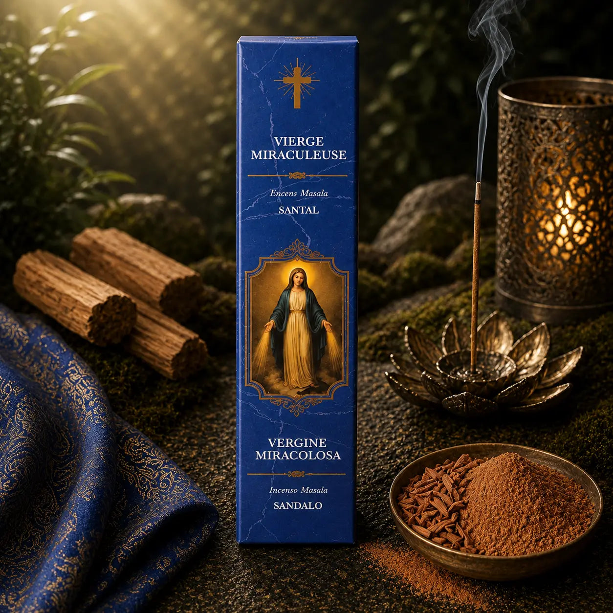 Étui d'Encens Religieux Vierge Miraculeuse de couleur bleu roi, illustré de la Vierge Marie rayonnante les bras ouverts, posé à côté d'une coupelle de poudre et de morceaux de bois de santal.