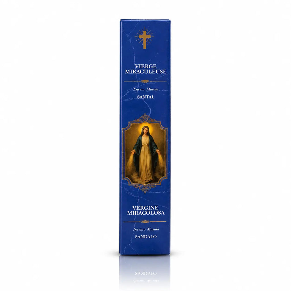 Encens religieux Vierge Miraculeuse présenté dans un étui cartonné rectangulaire bleu roi, illustré de la Vierge Marie rayonnante sous une croix dorée avec des inscriptions blanches.