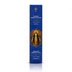 Encens religieux Vierge Miraculeuse présenté dans un étui cartonné rectangulaire bleu roi, illustré de la Vierge Marie rayonnante sous une croix dorée avec des inscriptions blanches.