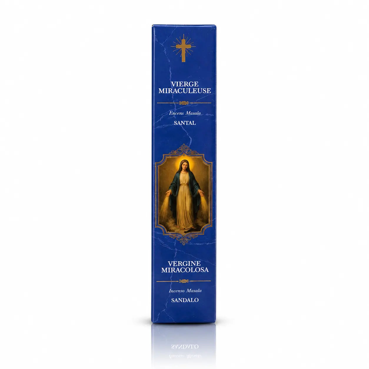 Encens religieux Vierge Miraculeuse présenté dans un étui cartonné rectangulaire bleu roi, illustré de la Vierge Marie rayonnante sous une croix dorée avec des inscriptions blanches.