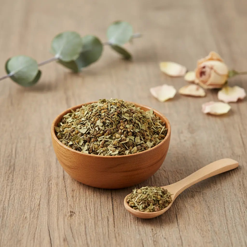 Mélange de résines et de plantes broyées pour le succès dans un bol en bois brun, avec une cuillère, des pétales de fleurs et une branche d'eucalyptus.