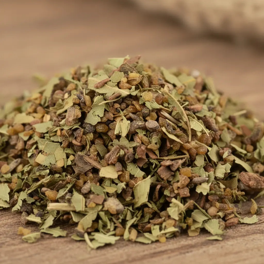 Mélange d'encens Succès composé de feuilles vertes concassées, de résines brunes et de fragments d'écorce.
