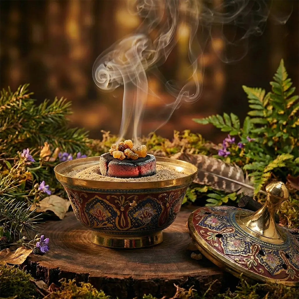 Encensoir en laiton doré, bol décoré motifs rouges et bleus, sable avec charbon et résine fumante, couvercle à côté, décor forêt.