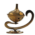 Encensoir style lampe d’Aladin en laiton, corps sphérique ajouré et poignée en S, finition brillante, vue produit sur fond blanc.