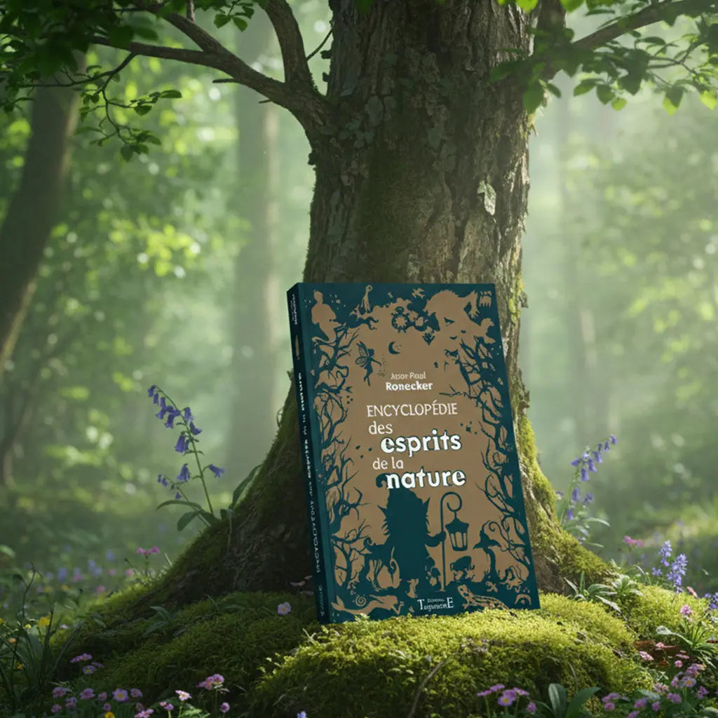 Livre Encyclopédie Illustrée des Esprits de la Nature de J-P Ronecker appuyé contre un arbre majestueux dans une forêt enchantée baignée de lumière.