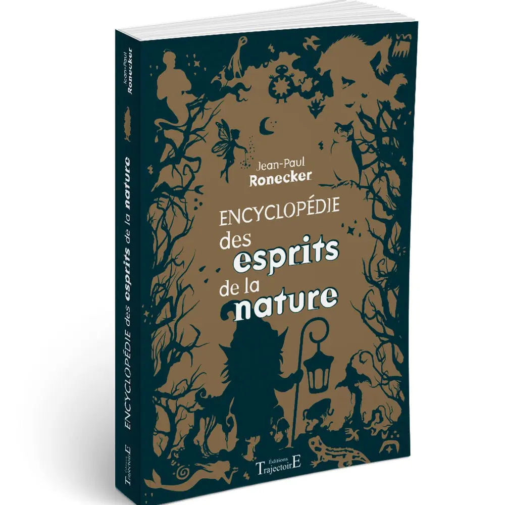 Livre Encyclopédie des esprits de la nature par Jean-Paul Ronecker avec silhouettes de créatures fantastiques.