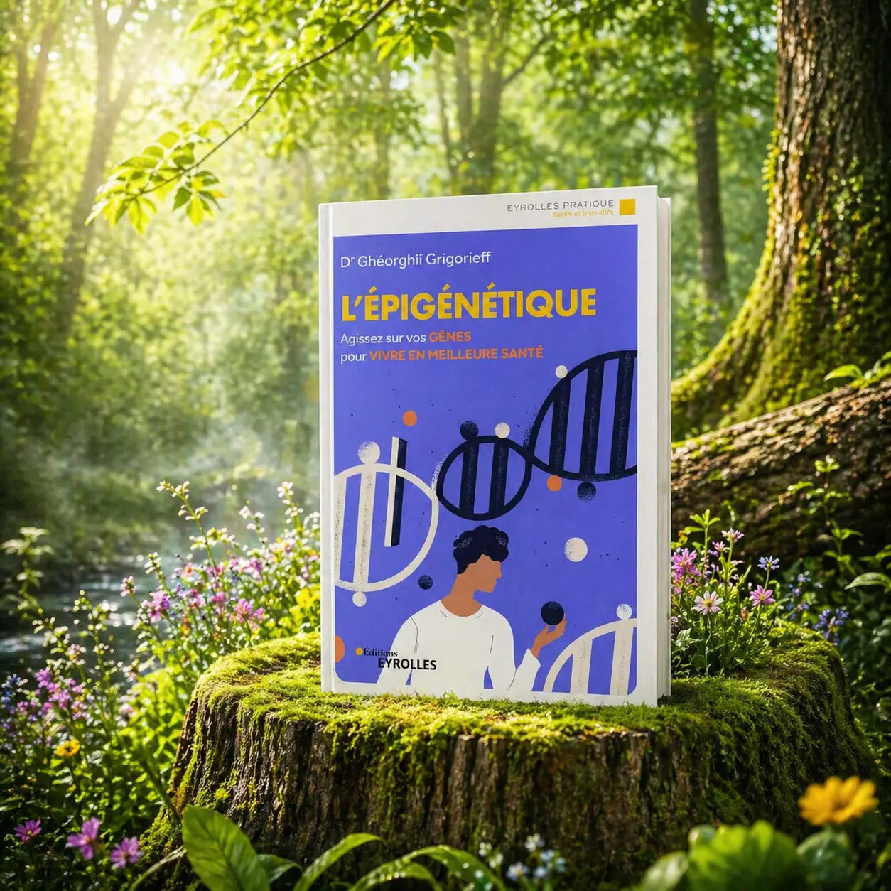 Livre violet L'Épigénétique de Ghéorghiï Grigorieff posé sur une souche moussue, illustré d'une double hélice d'ADN et d'un personnage jonglant avec des sphères.