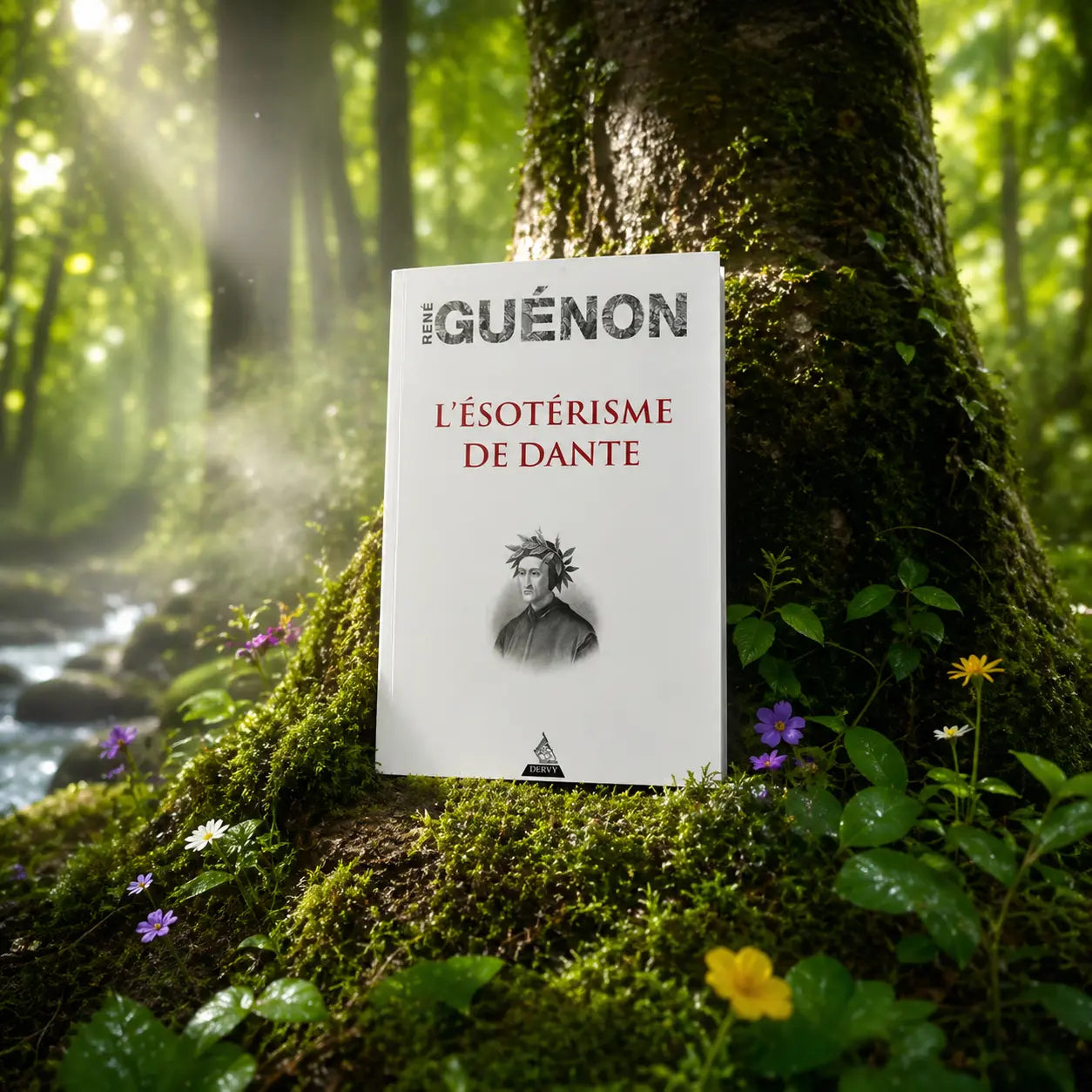 Livre blanc L'Esotérisme de Dante de René Guénon posé contre un arbre en forêt, avec un portrait de Dante Alighieri en médaillon.