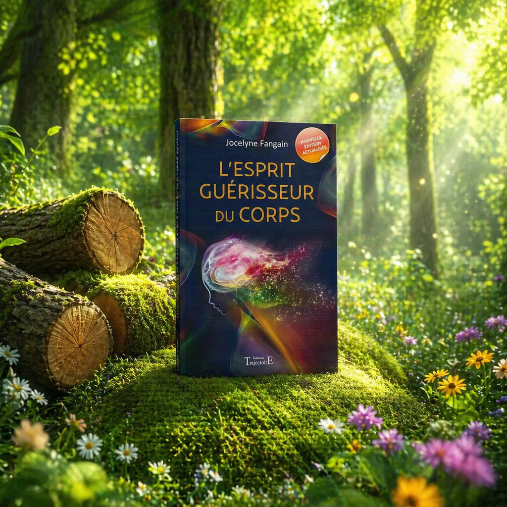Livre L'Esprit Guérisseur du Corps de Jocelyne Fangain posé dans un jardin fleuri, illustré d'un profil humain dont le cerveau s'évapore en nébuleuses colorées et lumineuses.