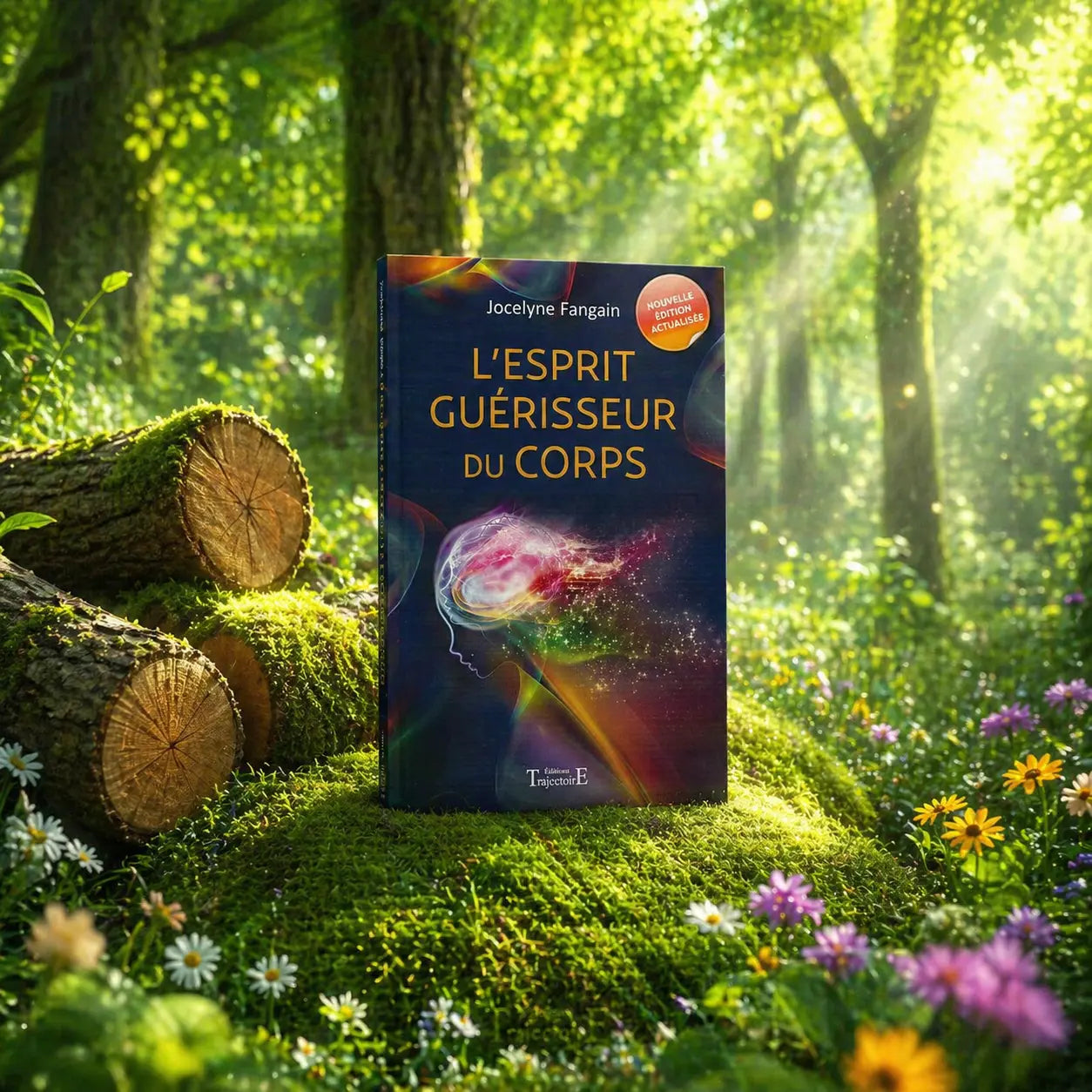 Livre L'Esprit Guérisseur du Corps de Jocelyne Fangain posé dans un jardin fleuri, illustré d'un profil humain dont le cerveau s'évapore en nébuleuses colorées et lumineuses.