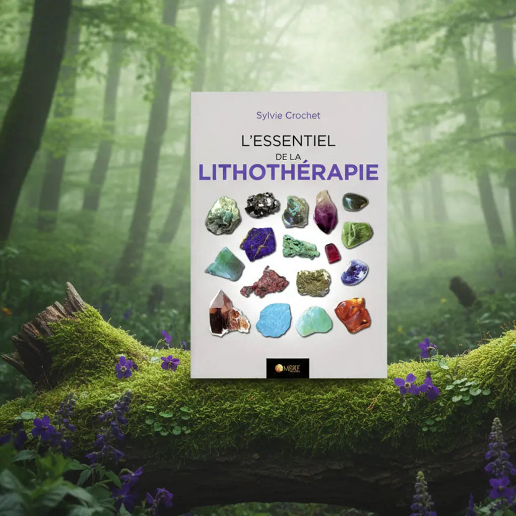 Livre L'Essentiel de Lithothérapie de Sylvie Crochet posé sur une souche moussue, illustré d'une sélection de pierres brutes et polies multicolores.