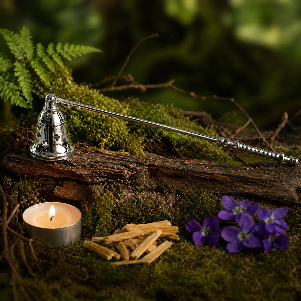Éteignoir rituel argenté avec une cloche ajourée de petites étoiles, posé sur une écorce moussue avec des fleurs violettes et du bois sacré.