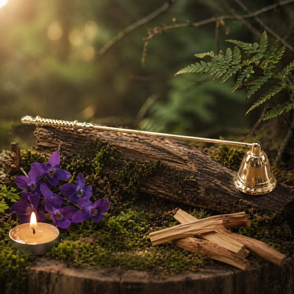 Éteignoir rituel en laiton doré étincelant avec cloche articulée, posé sur une écorce moussue près de fleurs violettes et de bois de Palo Santo.
