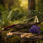 Éteignoir rituel avec cloche dorée articulée et manche en bois sombre, posé sur une souche forestière près d'une bougie allumée et de bois sacré.