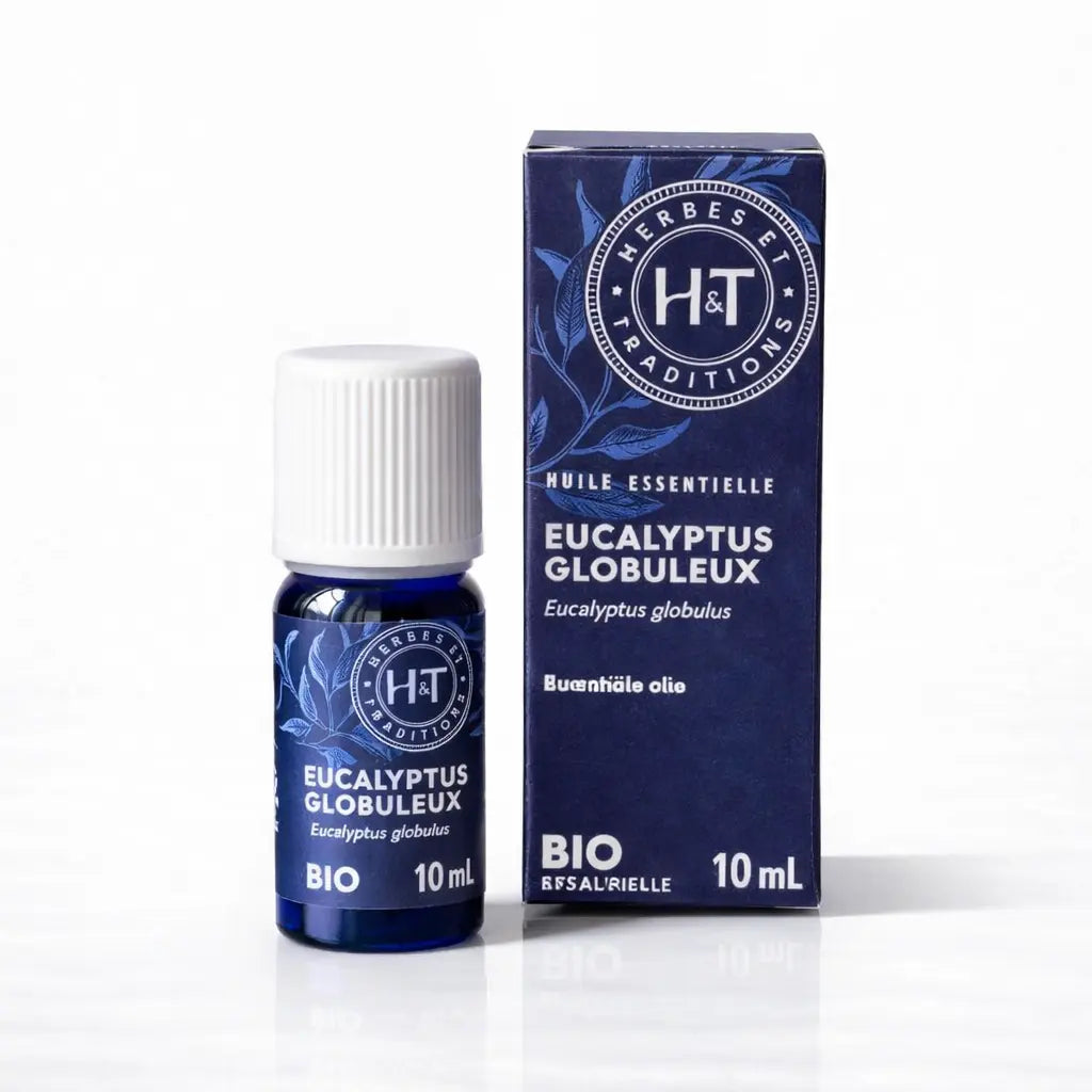 Un flacon de 10 ml et son étui d'huile essentielle d'Eucalyptus Globuleux (Bio) de la marque Herbes & Traditions, présentés sur un fond blanc épuré.