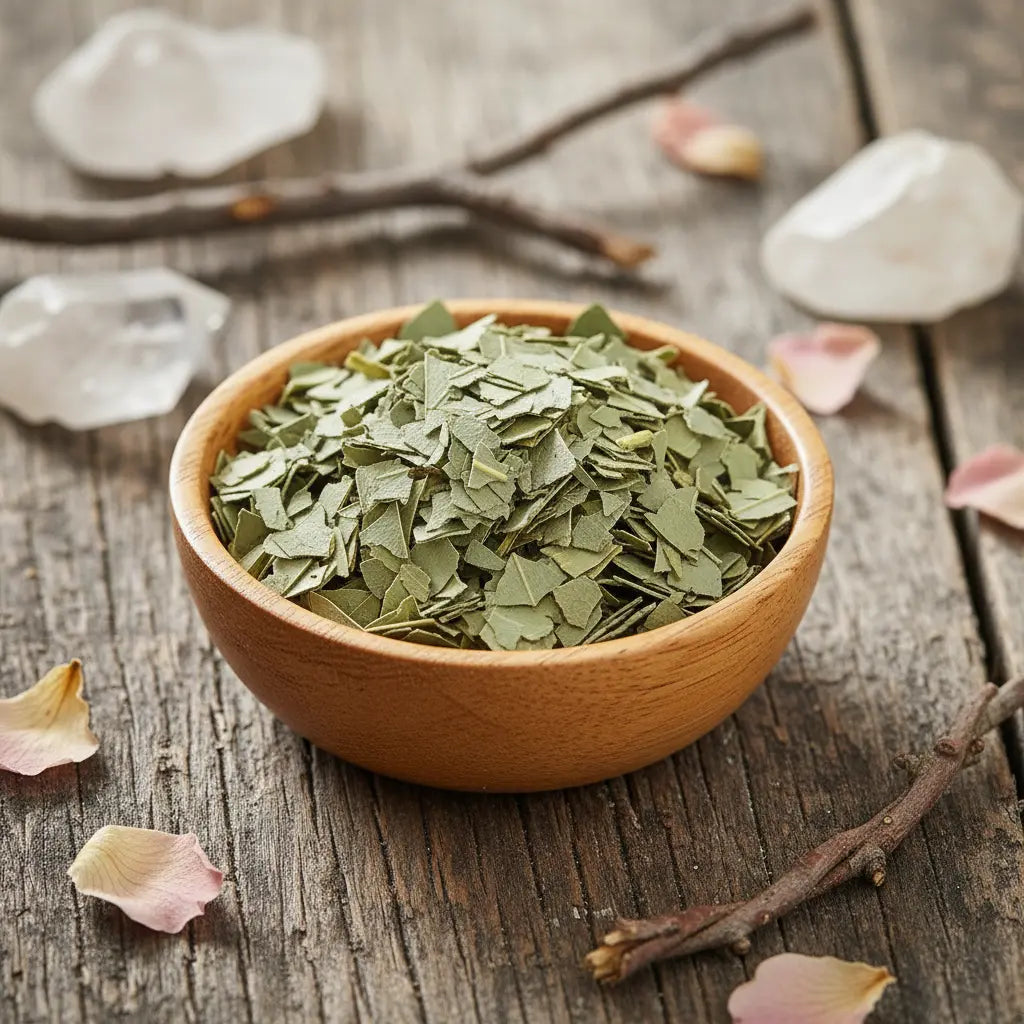 Coupelle en bois remplie de feuilles d’eucalyptus séchées vert pâle sur table en bois avec cristaux et pétales.