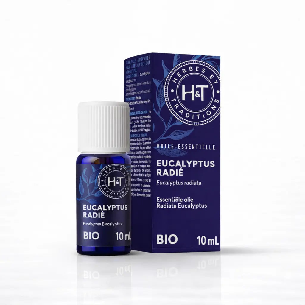 Un flacon de 10 ml d'huile essentielle d'eucalyptus radié bio de la marque Herbes & Traditions, accompagné de son étui en carton bleu foncé assorti, présenté sur un fond blanc.