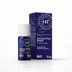 Un flacon de 10 ml d'huile essentielle d'eucalyptus radié bio de la marque Herbes & Traditions, accompagné de son étui en carton bleu foncé assorti, présenté sur un fond blanc.