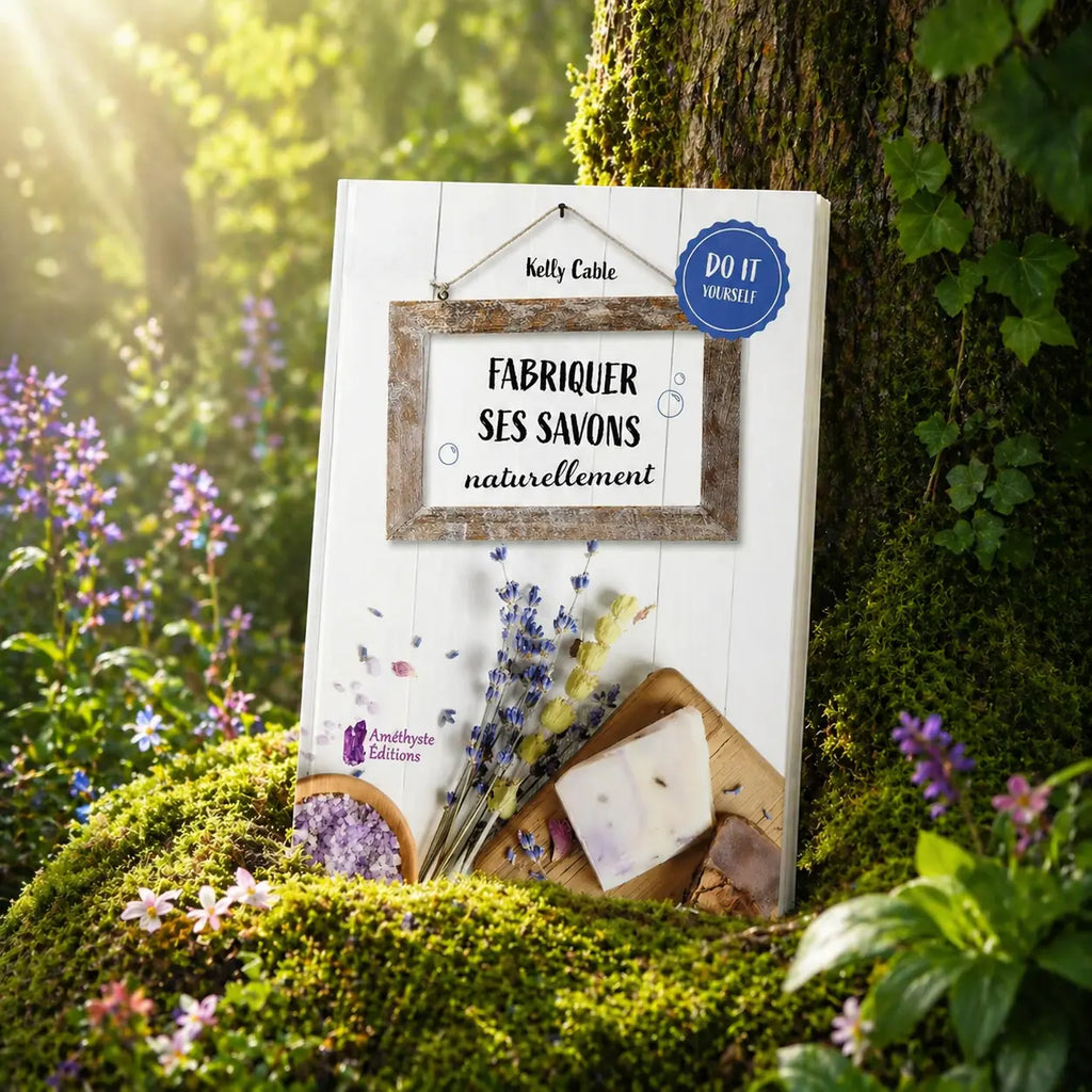 Livre Fabriquer ses Savons Naturellement de Kelly Cable posé contre un arbre, illustré de lavande, de sels violets et d'un pain de savon artisanal.