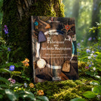 Livre Fabriquer ses Sachets Magiques d'Elhoim Leafar contre un arbre, illustré de sachets de charmes, de bougies et d'herbes sur un fond boisé.