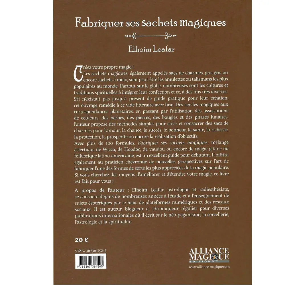 Quatrième de couverture du livre "Fabriquer ses Sachets Magiques" avec résumé, prix et code ISBN.