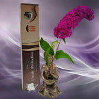Boîte d'encens naturel Vedic Family Protection marron avec illustration d'une main protégeant une famille, statuette de moine et fleur violette sur fond mauve