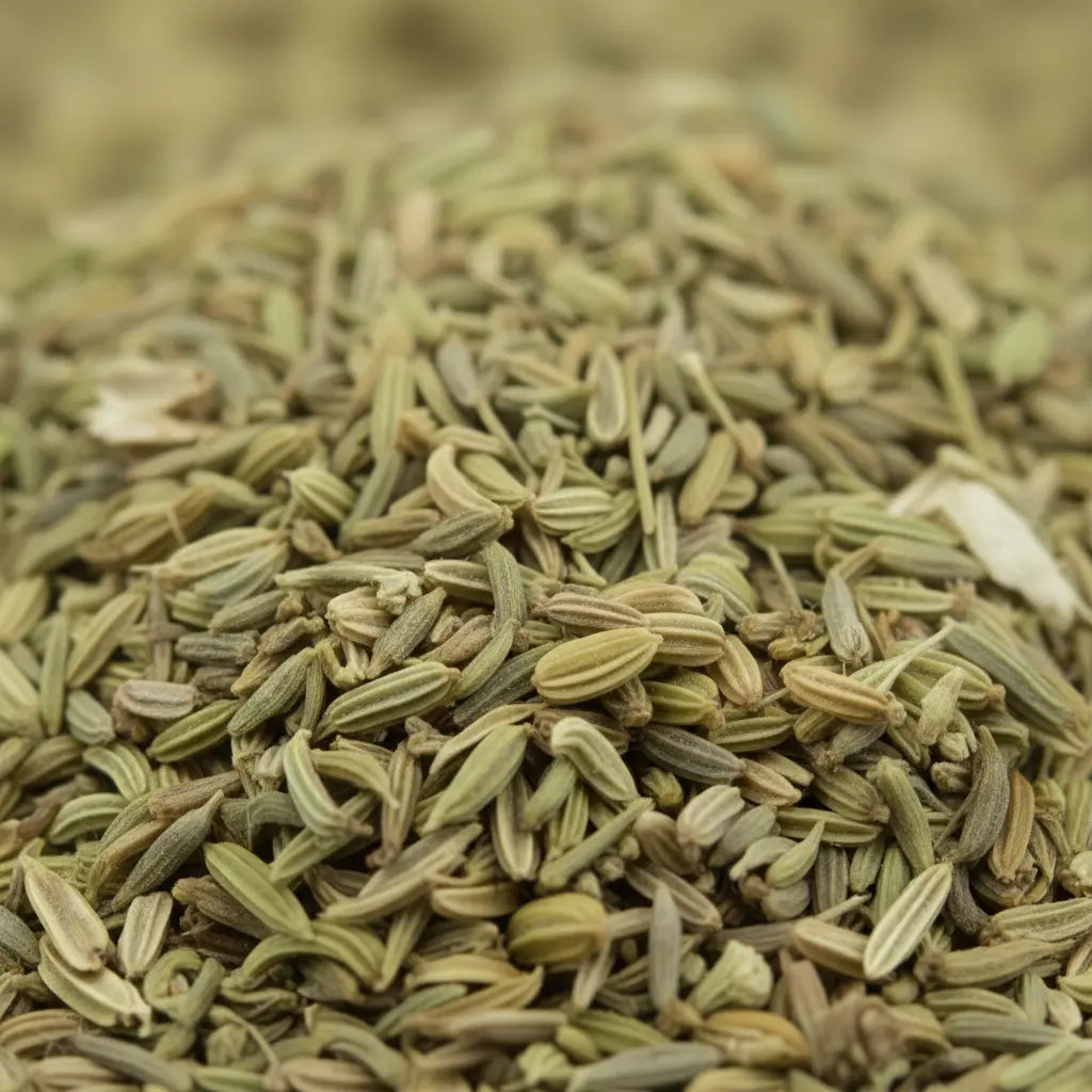 Gros plan sur graines de fenouil séchées vert clair et beige en vrac.