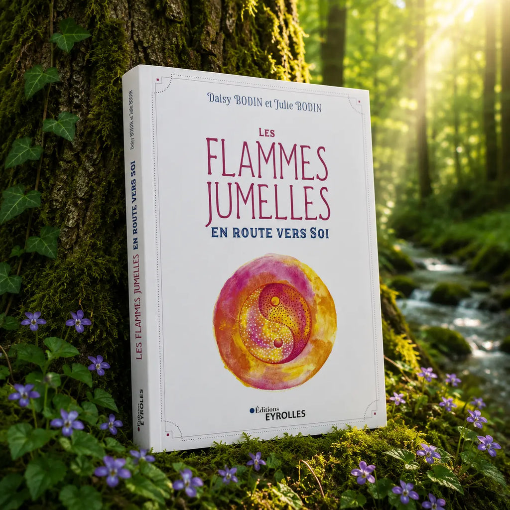 Livre Les Flammes Jumelles en Route vers Soi sur mousse sacrée au pied d'un arbre, entouré de fleurs violettes sous des rayons de soleil magiques.