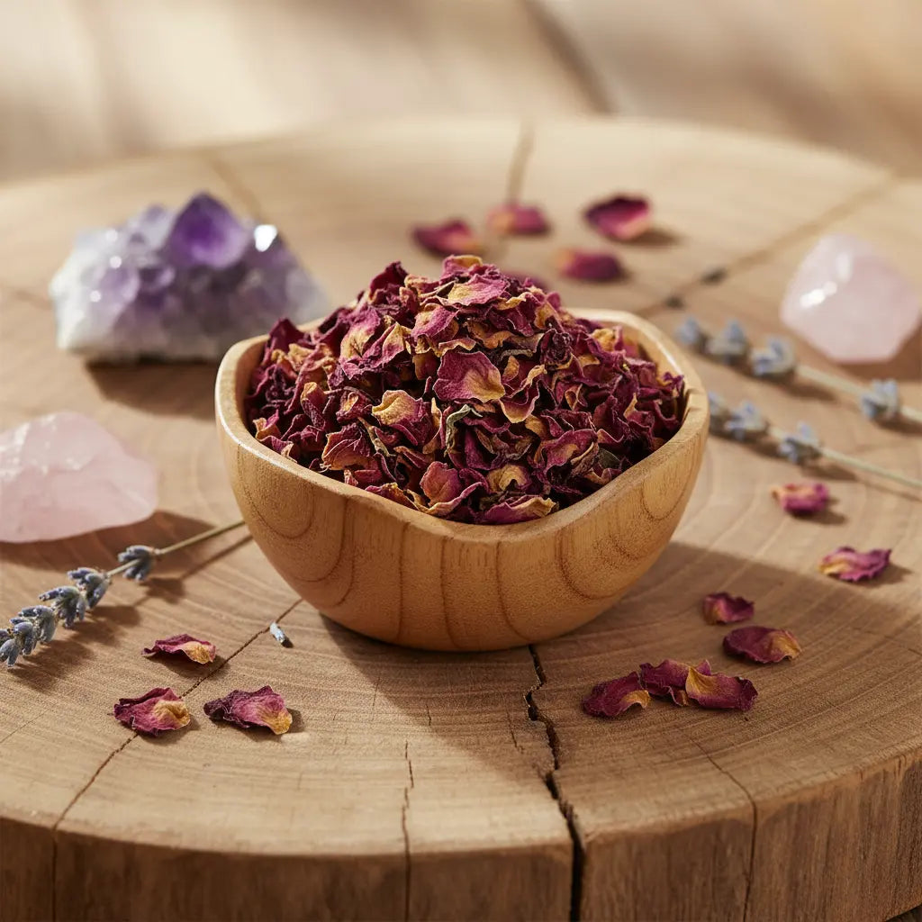 Coupelle en bois remplie de pétales de rose séchés rouge violacé sur rondin de bois avec cristaux.