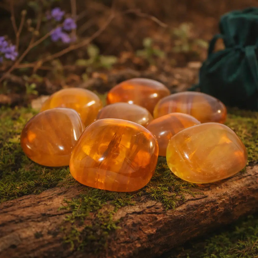 Huit pierres de fluorite jaune polies d'un jaune doré translucide, disposées sur un tronc moussue avec un pochon vert sapin en arrière-plan.
