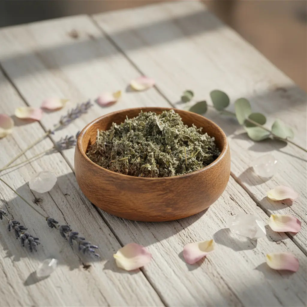 Coupelle en bois remplie de feuilles de framboisier séchées vert gris sur table en bois claire avec cristaux et pétales.