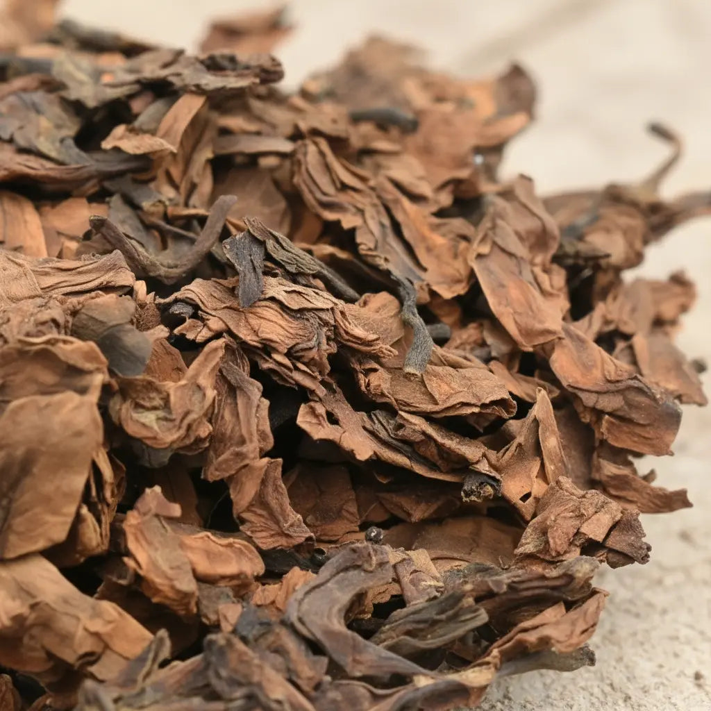 Feuilles de frangipanier séchées brun foncé froissées en vrac sur surface claire.